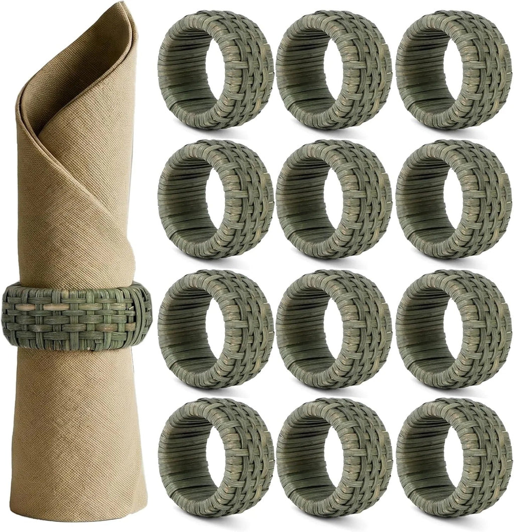 Boho-Chic Handwoven Napkin Rings Set of 12 – Green Cane & Plastic, 2.25 x 2.25 x 1 Inches, Lacquered Finish, Reusable & Easy Clean – Perfect for Wedding, Dinner, Party & Festive Table Décor