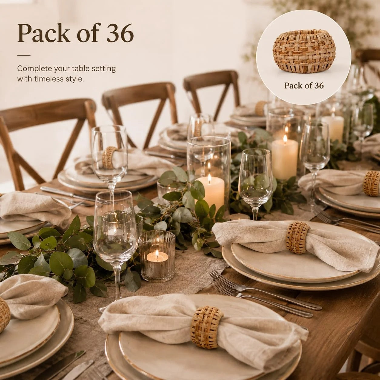 Woven Cane Napkin Rings for Table Settings,Textured Cane Napkin Holder Set of 36 , Boho Chic Dining Beach House Decor & Chic Dining Accessory (Brown) - ALPHA Living HOME