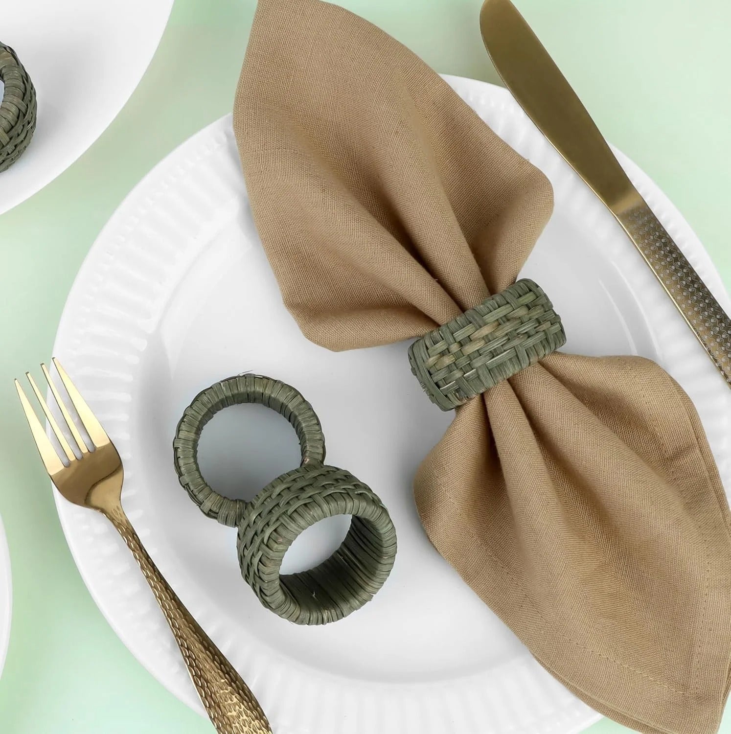 Boho-Chic Handwoven Napkin Rings Set of 12 – Green Cane & Plastic, 2.25 x 2.25 x 1 Inches, Lacquered Finish, Reusable & Easy Clean – Perfect for Wedding, Dinner, Party & Festive Table Décor