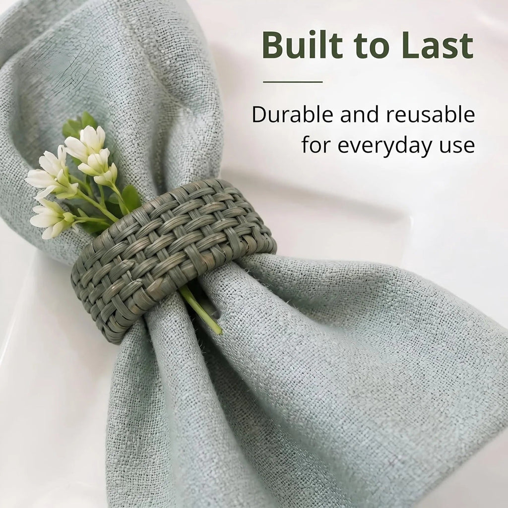 Boho-Chic Handwoven Napkin Rings Set of 12 – Green Cane & Plastic, 2.25 x 2.25 x 1 Inches, Lacquered Finish, Reusable & Easy Clean – Perfect for Wedding, Dinner, Party & Festive Table Décor