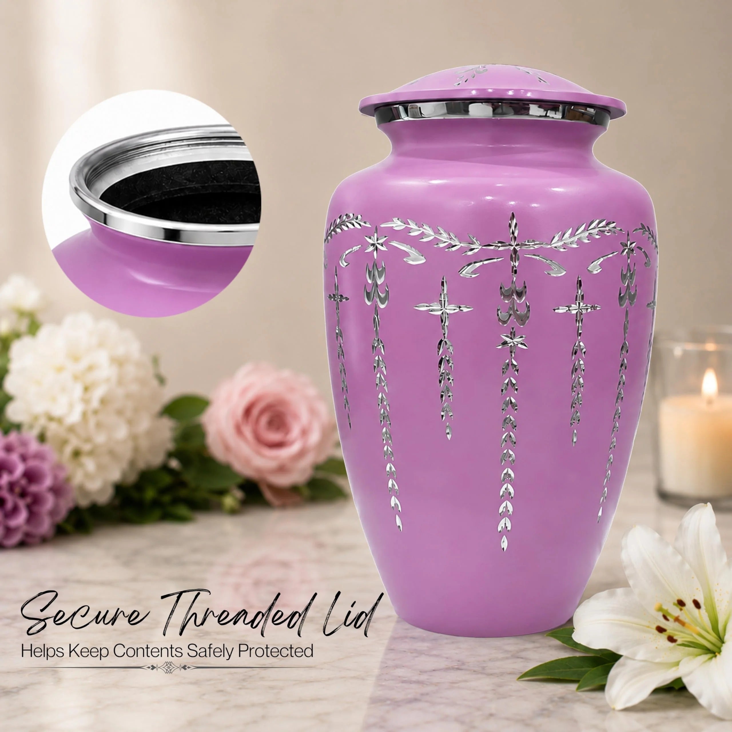 ALPHA Living HOME ALPHA Living HOME Cremation Urns for Human Ashes Adult Male Female, Urn for Ashes Adult, Funeral Memorial Urn, Large 200+ Cubic Inches, Purple Silver, 10 Inch