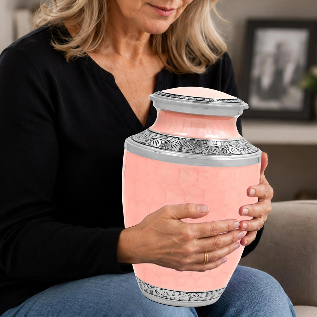 ALPHA Living HOME Cremation Urn for Women Decorative Urn for Human Ashes Woman Men Large up to 220 lbs Decorative Memorial Funeral Burial Urn for Ashes Male Female Dad Mom (Pink Silver)