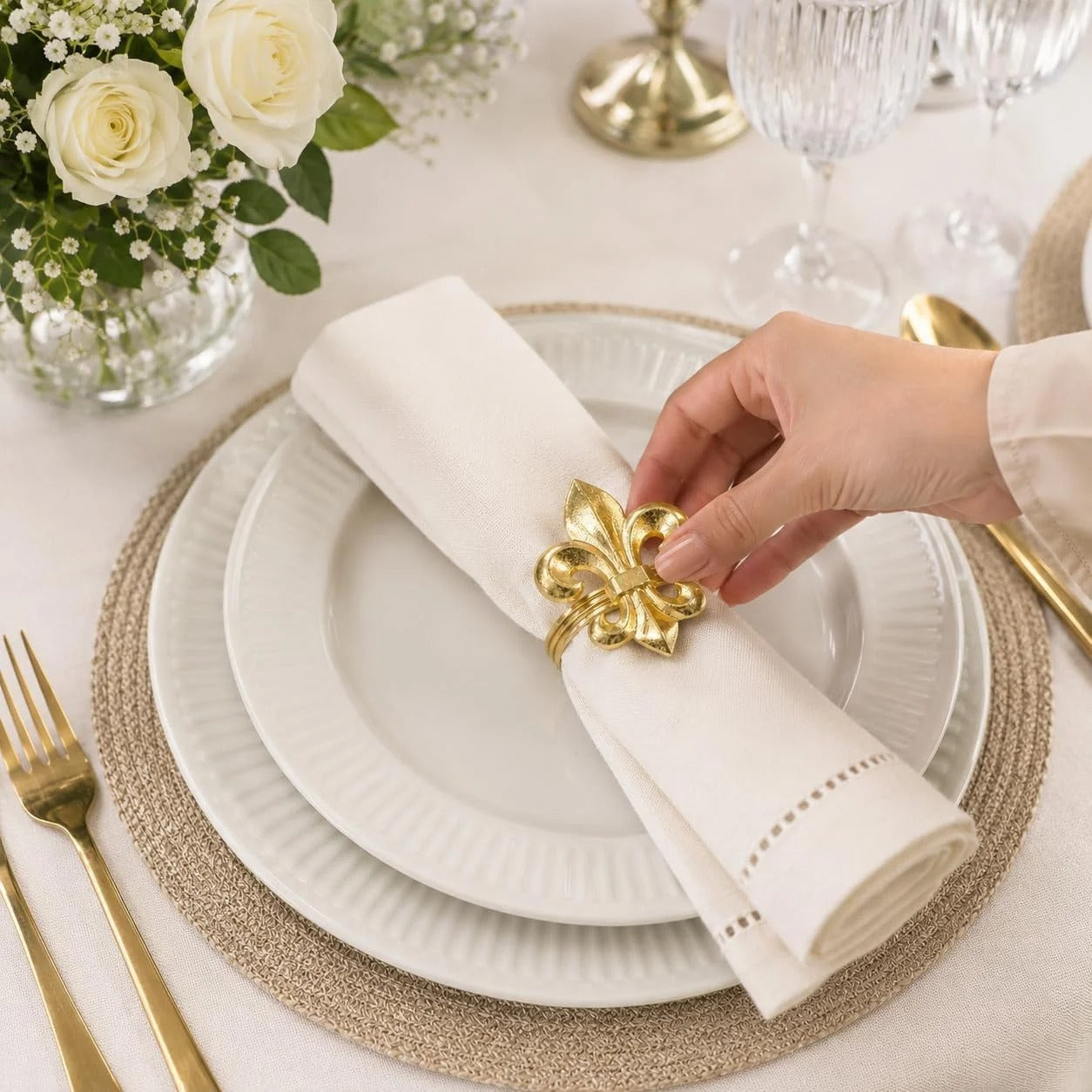 Gold Napkin Rings Set of 12 - Fleur De Lis Metal Napkin Ring Holders for Wedding, Thanksgiving, Christmas & Dining Table Decor - ALPHA Living HOME