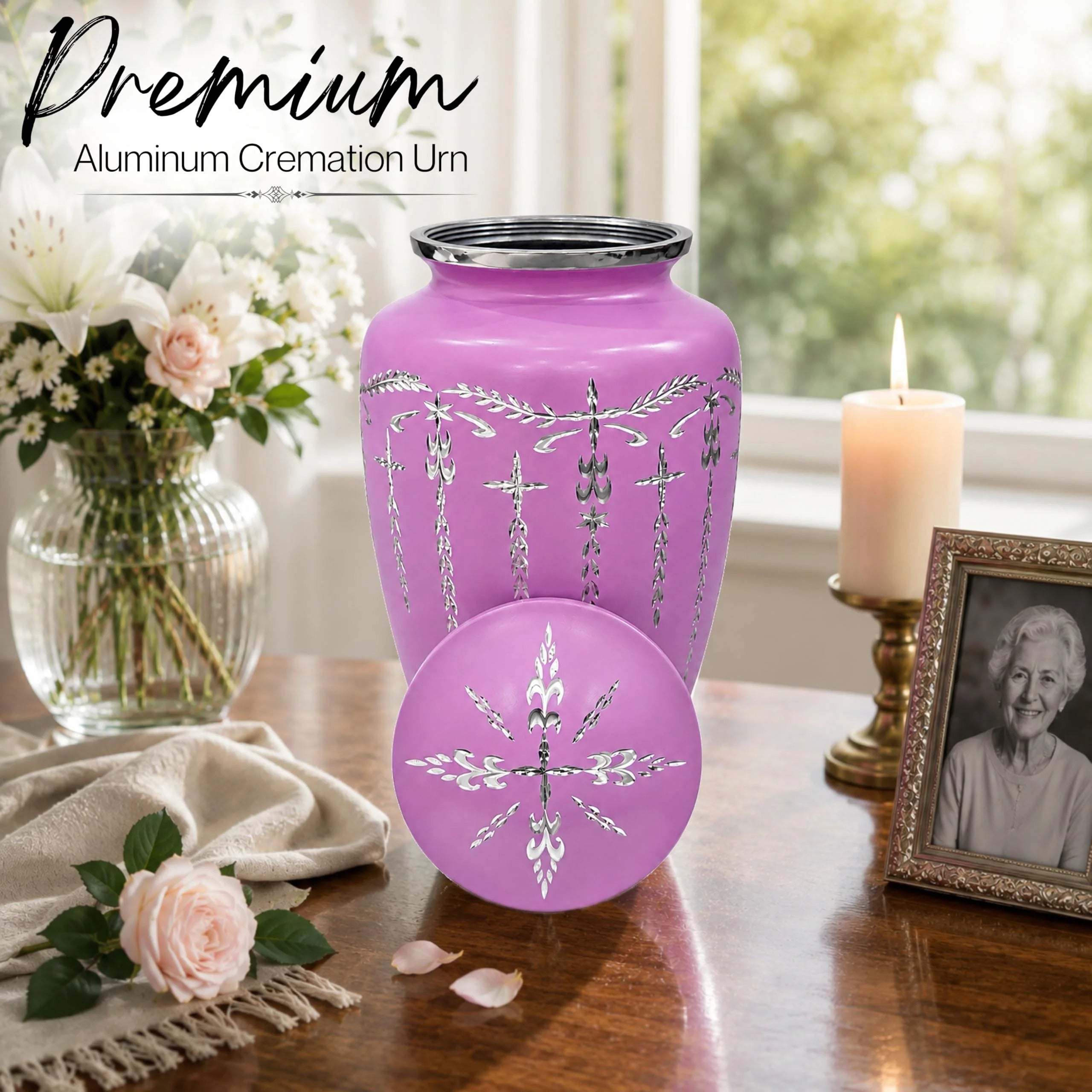 ALPHA Living HOME ALPHA Living HOME Cremation Urns for Human Ashes Adult Male Female, Urn for Ashes Adult, Funeral Memorial Urn, Large 200+ Cubic Inches, Purple Silver, 10 Inch