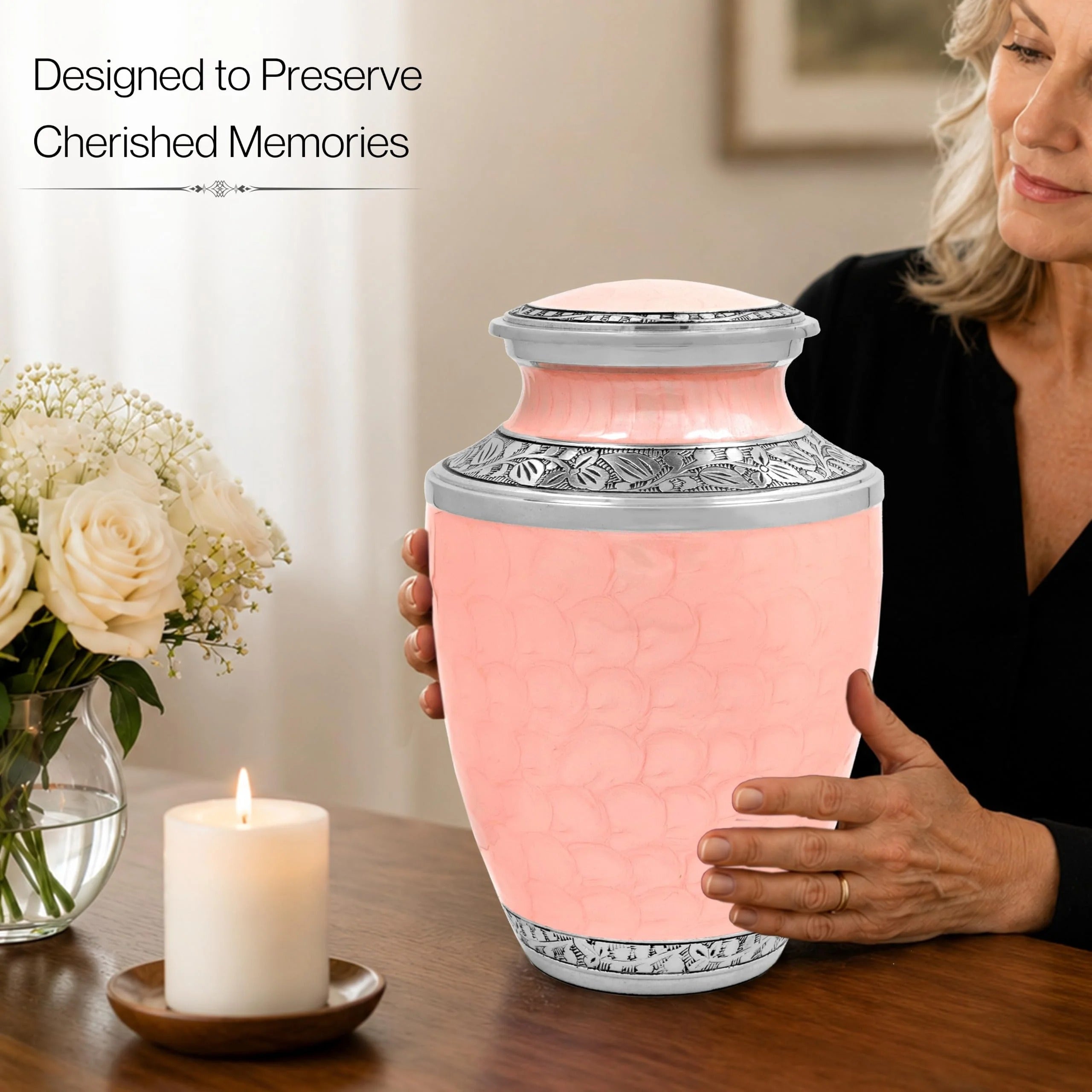 ALPHA Living HOME Cremation Urn for Women Decorative Urn for Human Ashes Woman Men Large up to 220 lbs Decorative Memorial Funeral Burial Urn for Ashes Male Female Dad Mom (Pink Silver)