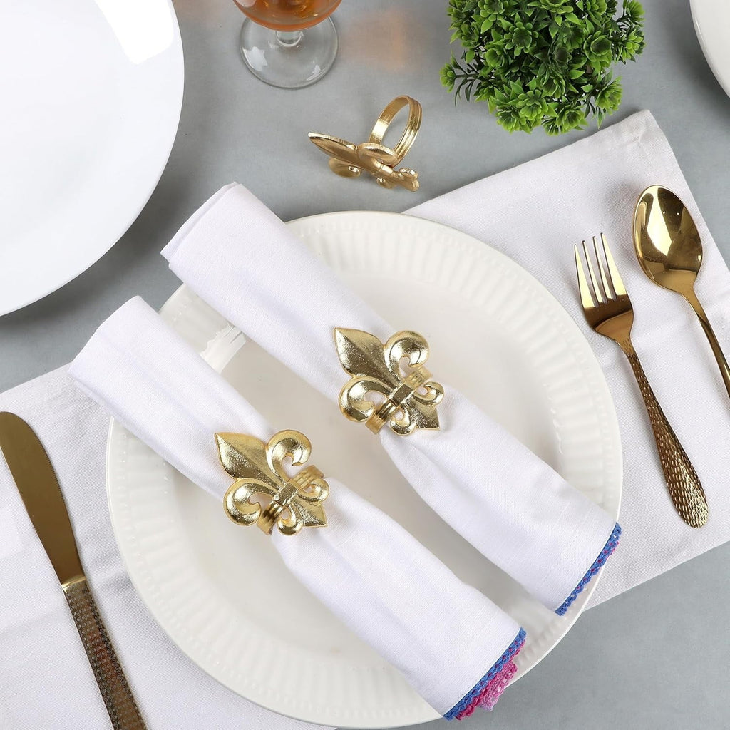 Gold Napkin Rings Set of 12 - Fleur De Lis Metal Napkin Ring Holders for Wedding, Thanksgiving, Christmas & Dining Table Decor - ALPHA Living HOME