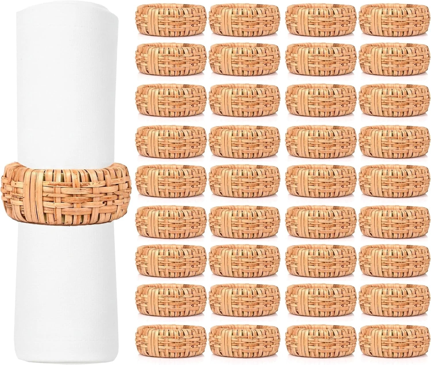 Artisan Cane Napkin Rings Set of 36, Earthy Woven Dinner Napkin Holders, Natural Bohemian Farmhouse Table Accessory for Dinner Parties & Everyday Use (Natural Brown)