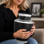 Cremation Urns for Human Ashes Adult – Handcrafted Aluminum Memorial Urn with Gold Leaf Engraving & Velvet Carry Bag, Decorative Funeral Burial Urn with Secure Screw Lid, (Black & Gold)