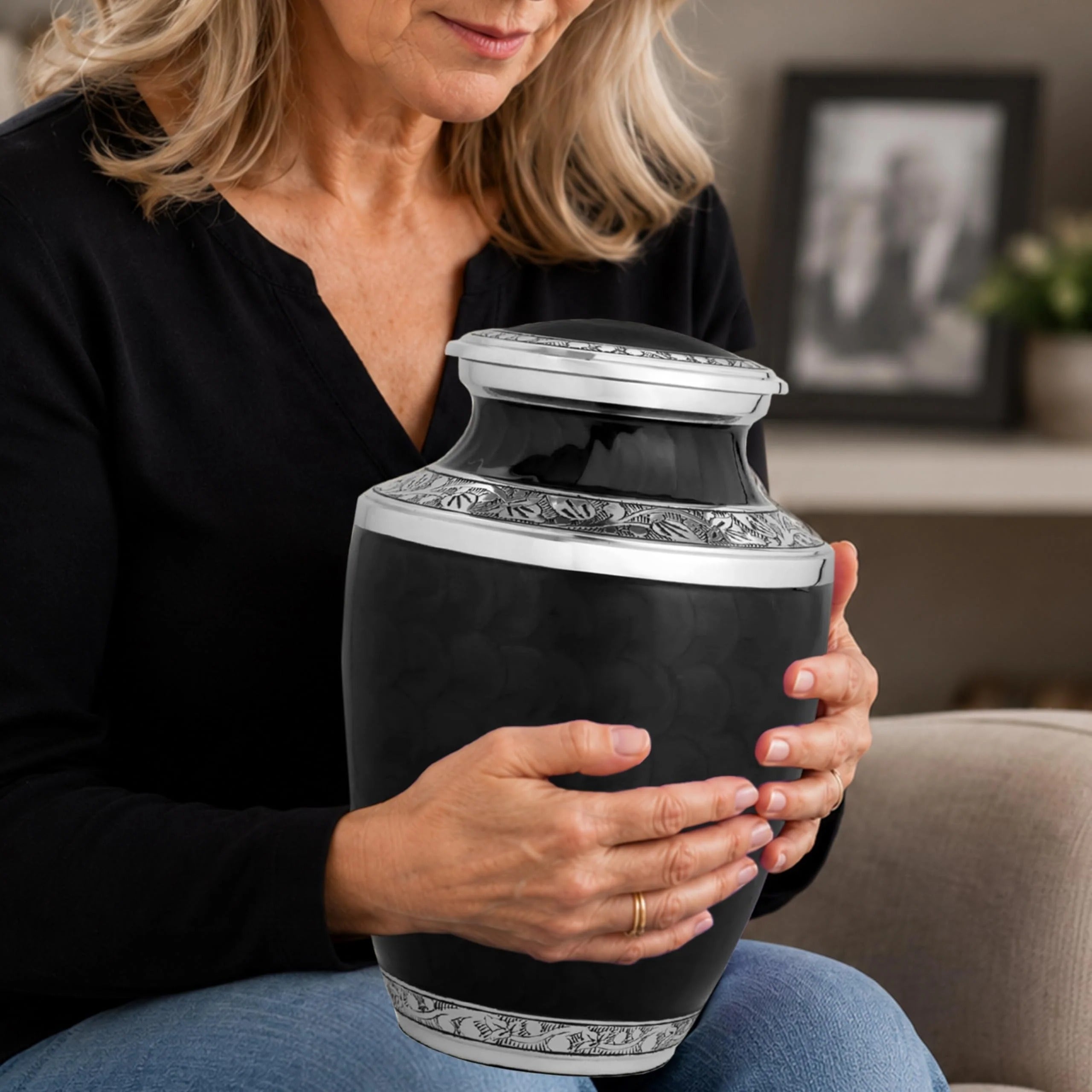 Cremation Urns for Human Ashes Adult – Handcrafted Aluminum Memorial Urn with Gold Leaf Engraving & Velvet Carry Bag, Decorative Funeral Burial Urn with Secure Screw Lid, (Black & Gold)