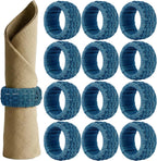 Artisan Cane Napkin Rings Set of 12, Earthy Woven Dinner Napkin Holders, Natural Bohemian Farmhouse Table Accessory for Dinner Parties & Everyday Use (Navy Blue) - ALPHA Living HOME