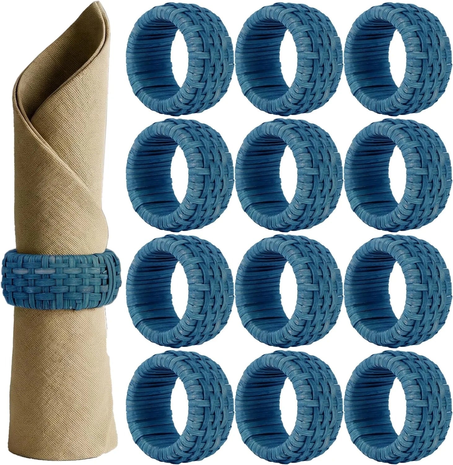 Artisan Cane Napkin Rings Set of 12, Earthy Woven Dinner Napkin Holders, Natural Bohemian Farmhouse Table Accessory for Dinner Parties & Everyday Use (Navy Blue) - ALPHA Living HOME