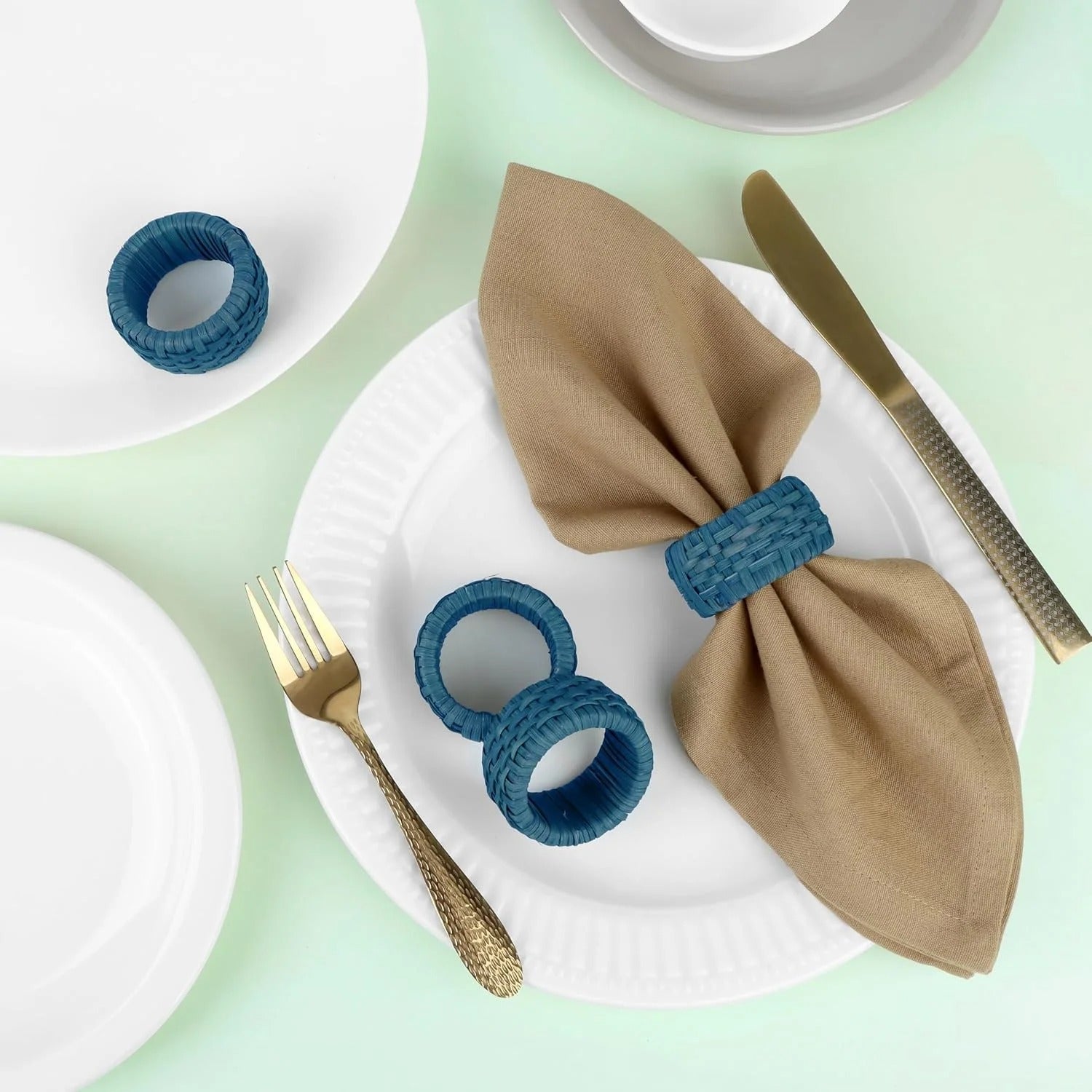 Artisan Cane Napkin Rings Set of 12, Earthy Woven Dinner Napkin Holders, Natural Bohemian Farmhouse Table Accessory for Dinner Parties & Everyday Use (Navy Blue) - ALPHA Living HOME