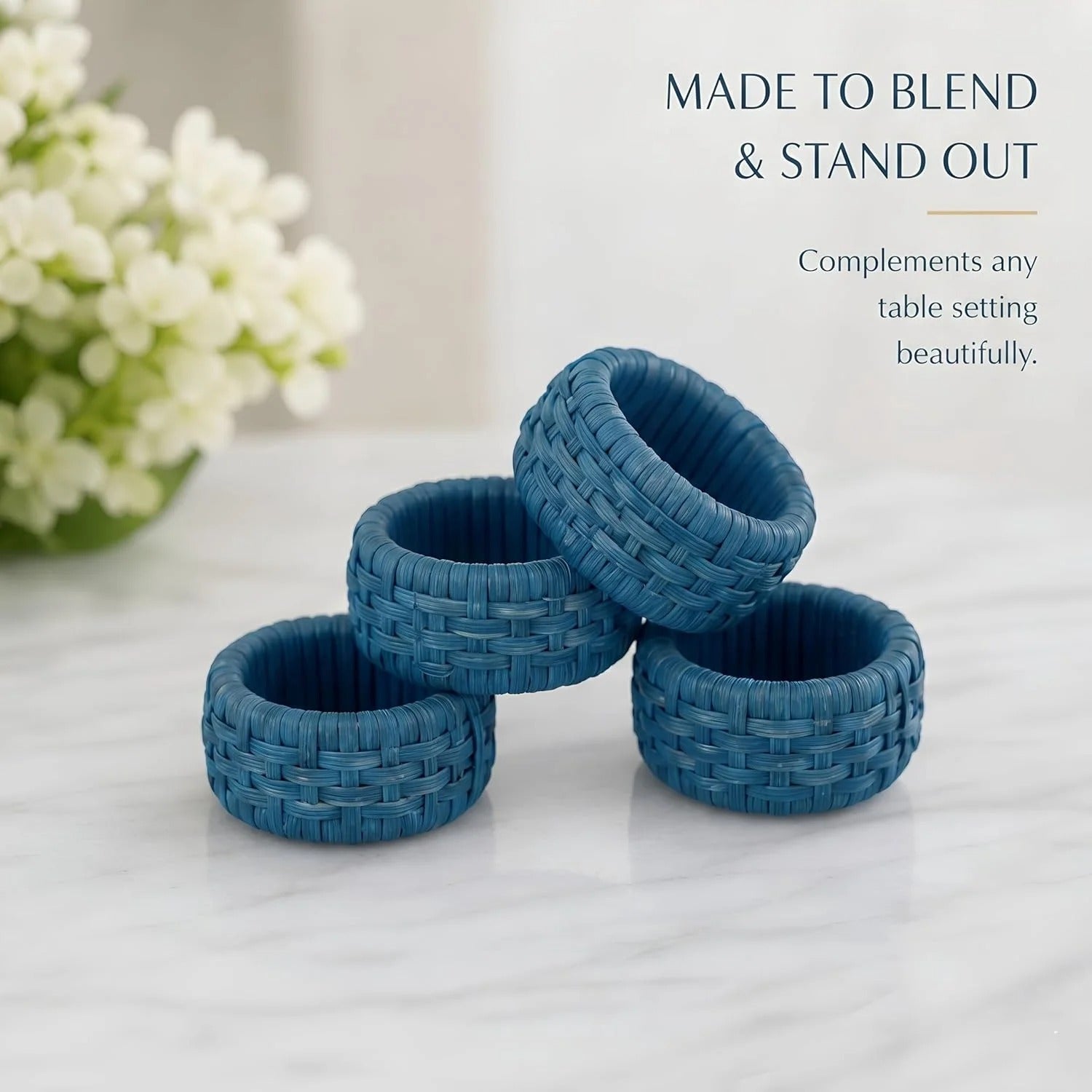 Artisan Cane Napkin Rings Set of 12, Earthy Woven Dinner Napkin Holders, Natural Bohemian Farmhouse Table Accessory for Dinner Parties & Everyday Use (Navy Blue) - ALPHA Living HOME