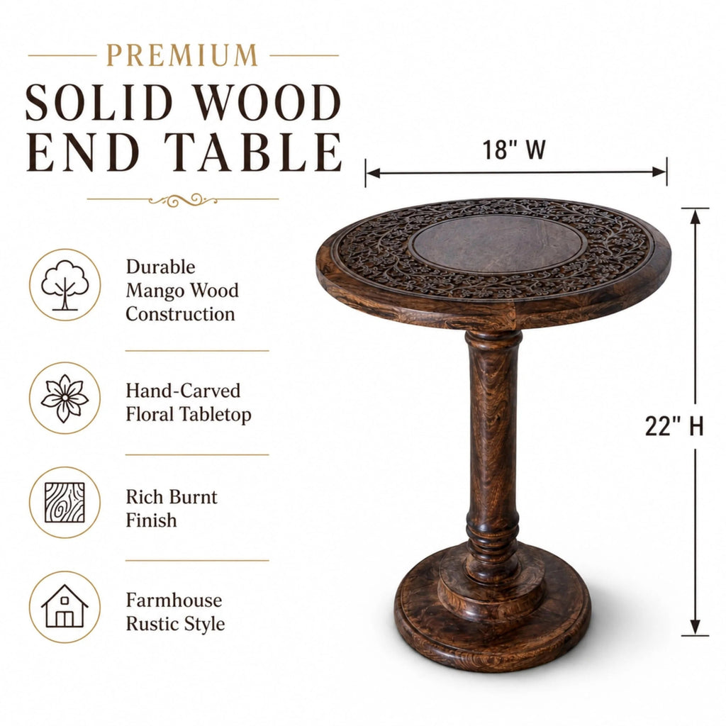 ALPHA Living Home Solid Wood End Table, Whitewash Carved Rim Small Round Side Table, 18 x 22 Inch Wooden Accent Nightstand for Living Room, Bedroom, Sofa Side & Bedside