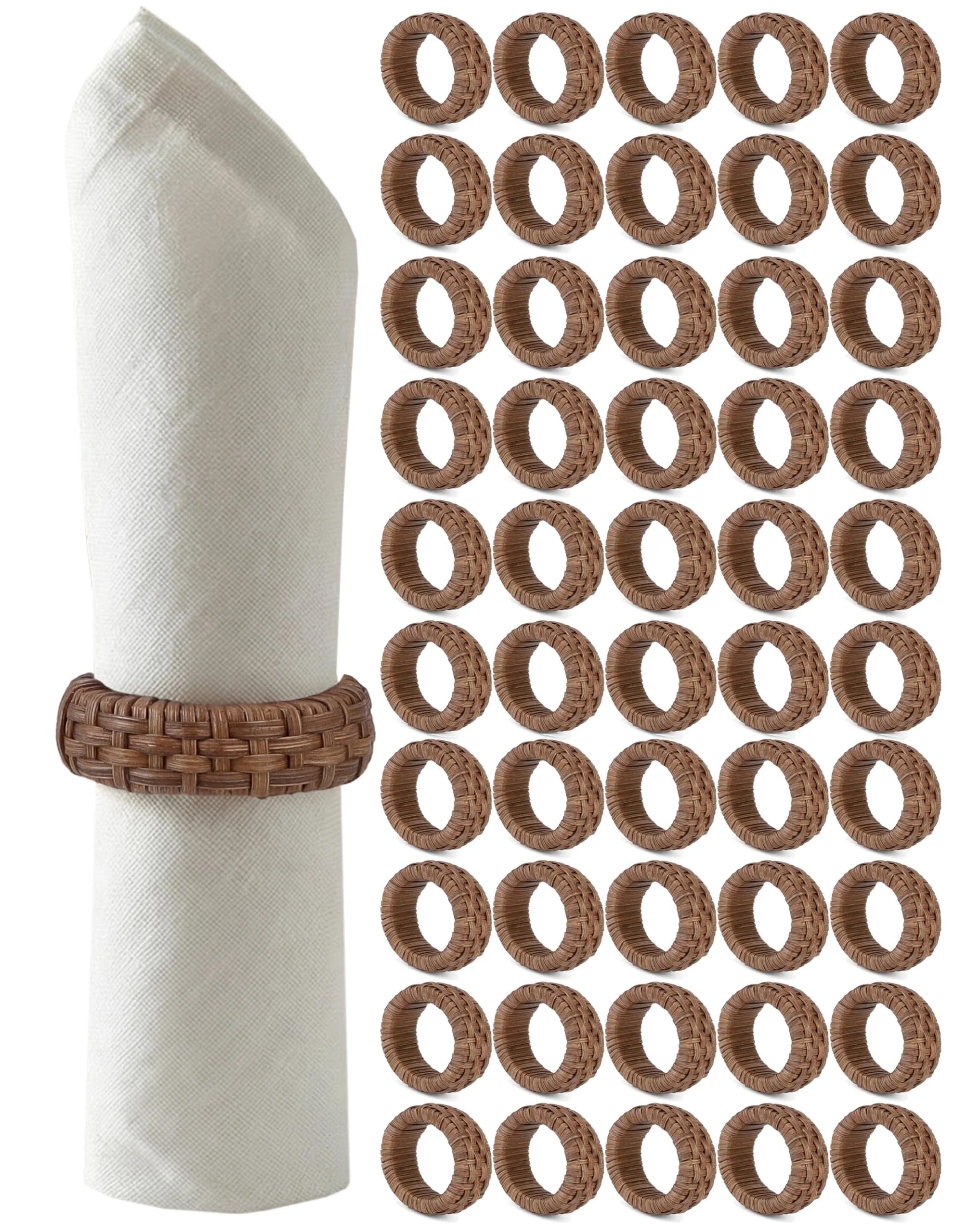 Natural Cane Napkin Rings Set of 50, Handwoven Table Decor, Bohemian Coastal Napkin Holders for Rustic Dining & Tropical Vibes - Sleek for Everyday Use (Brown) - ALPHA Living HOME