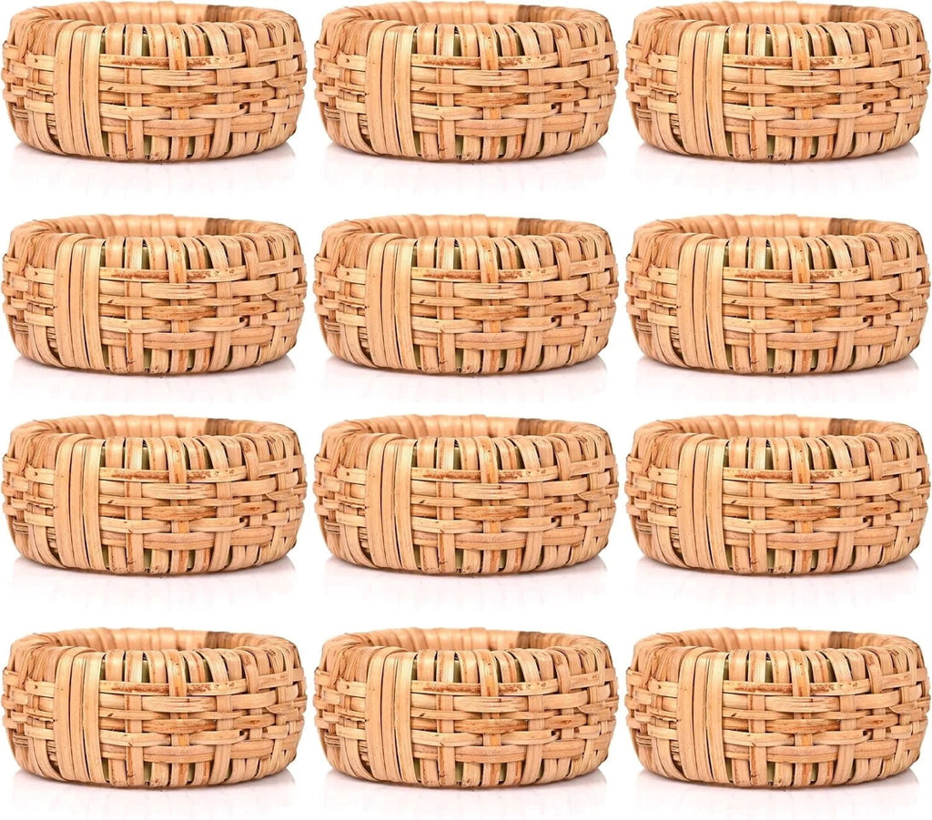 ALPHA Living HOME Natural Rattan Napkin Rings Set of 12 - Handcrafted Cane Serviette Holders for Table Decor, Weddings, Parties, Dinners, Rustic Boho Style Napkin Rings Set (Brown)