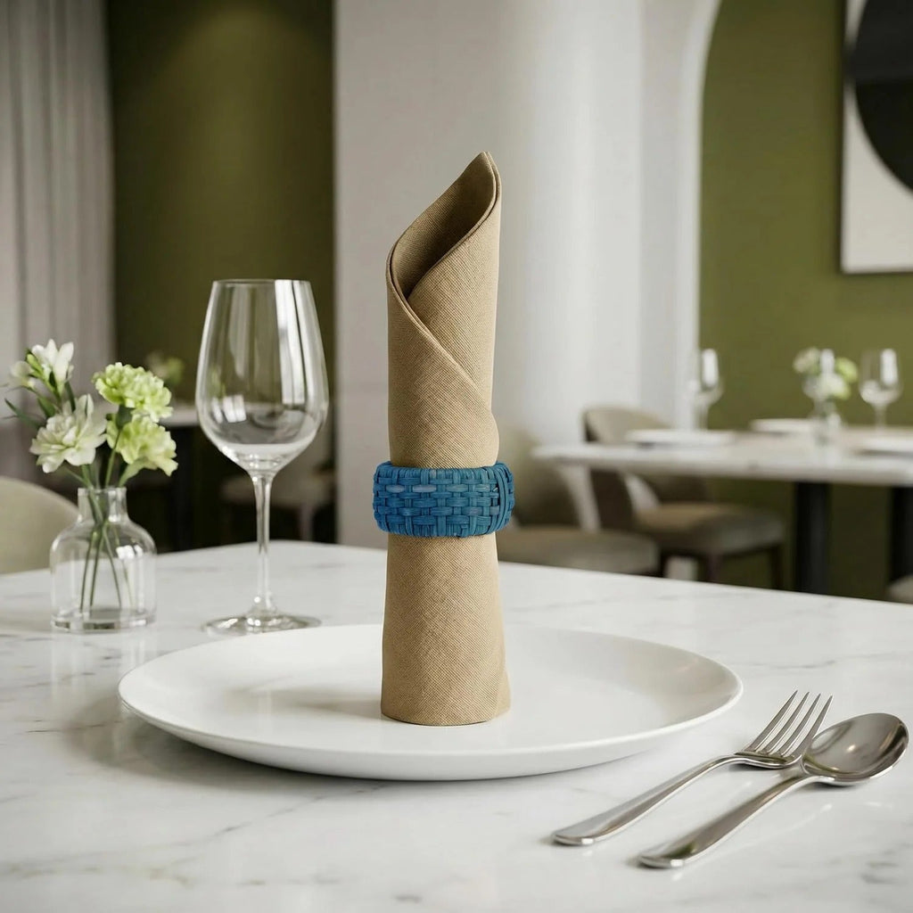 Artisan Cane Napkin Rings Set of 12, Earthy Woven Dinner Napkin Holders, Natural Bohemian Farmhouse Table Accessory for Dinner Parties & Everyday Use (Navy Blue) - ALPHA Living HOME