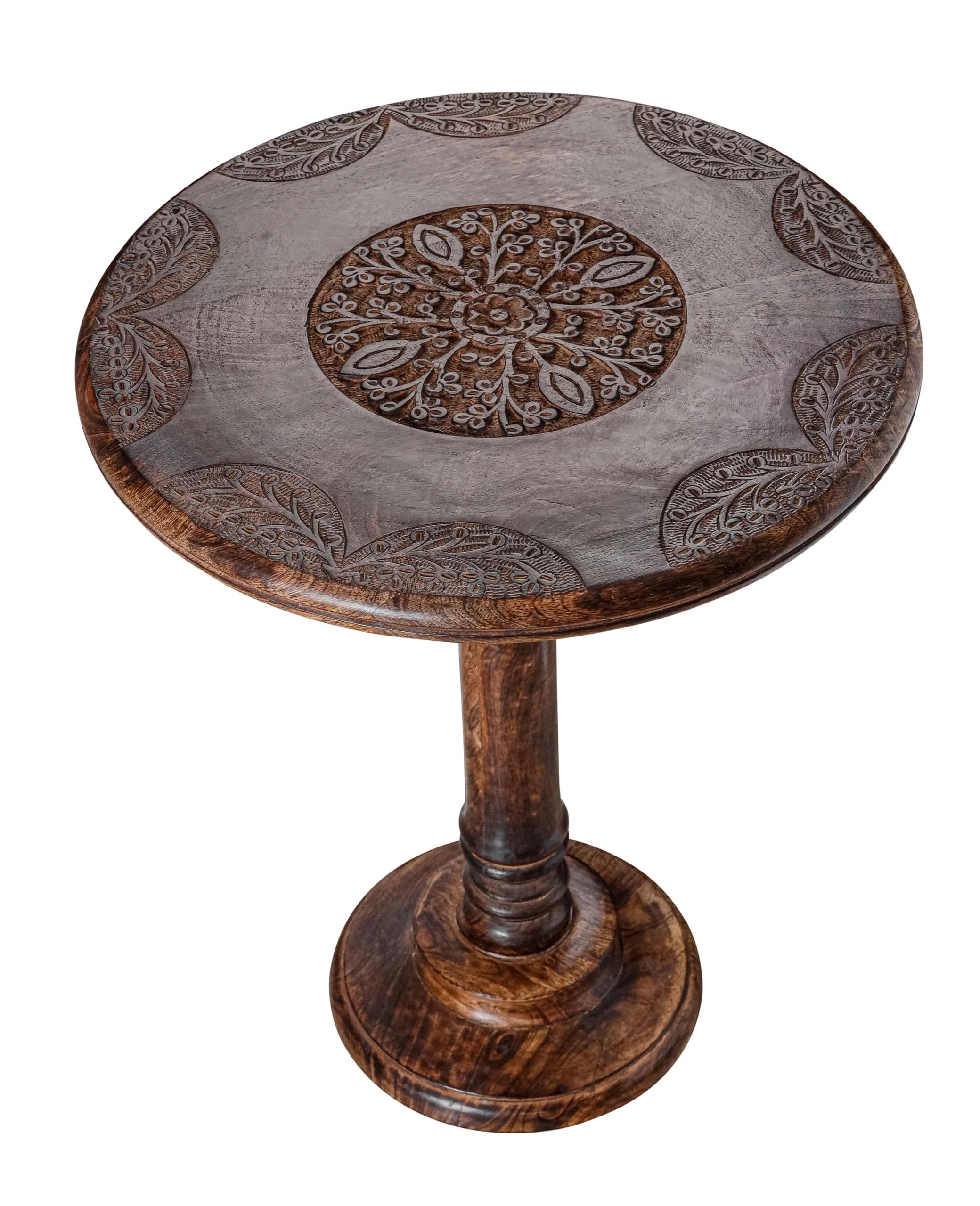 ALPHA Living Home Solid Wood End Table, Whitewash Carved Rim Small Round Side Table, 18 x 22 Inch Wooden Accent Nightstand for Living Room, Bedroom, Sofa Side & Bedside
