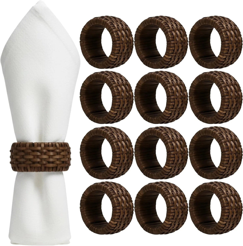 ALPHA Living HOME Woven Napkin Rings Set of 12, Rustic Farmhouse Cane Napkin Rings Round Handmade Napkins Rings Boho Tabletop Decor for Thanksgiving Christmas Party Wedding Deco (Brown)