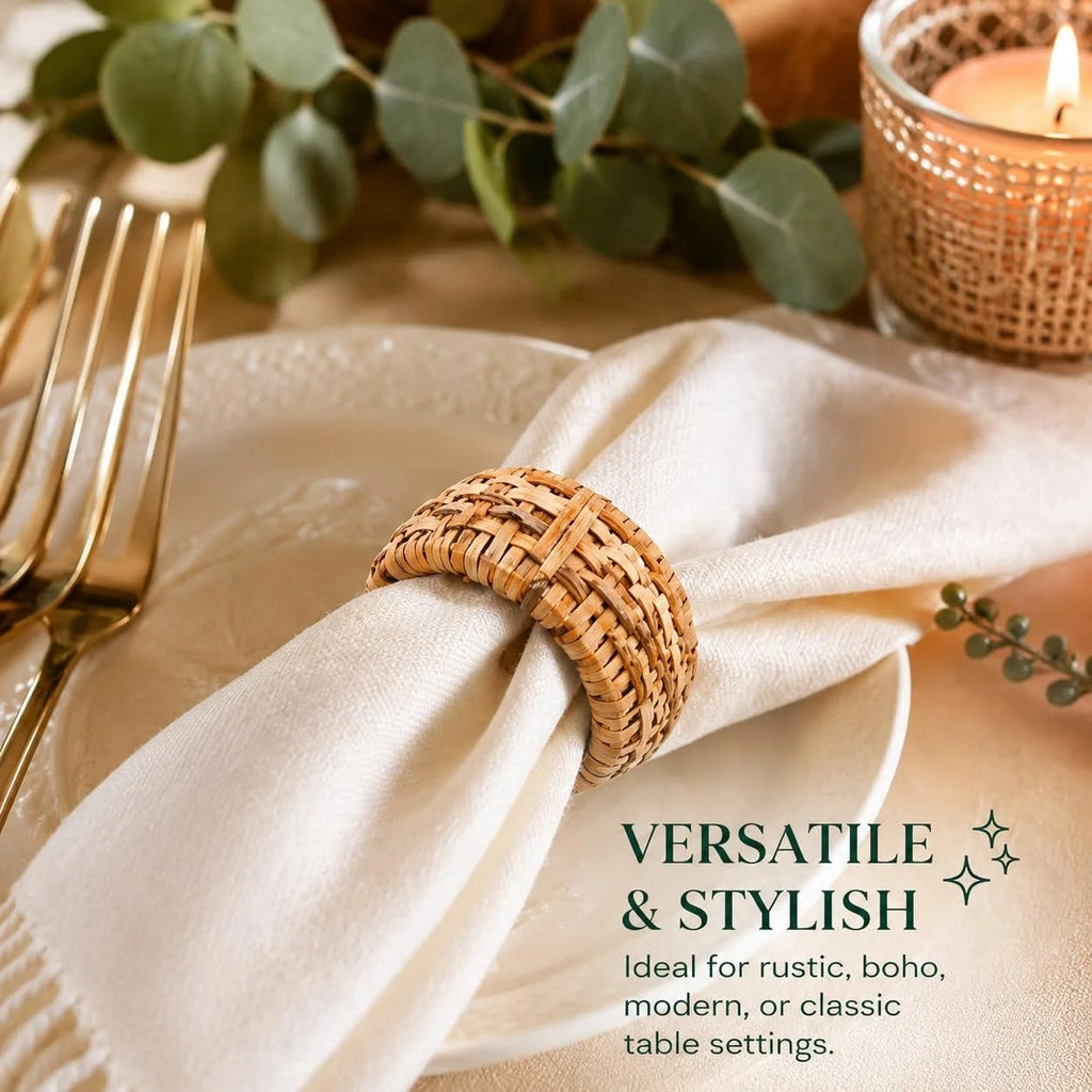 ALPHA Living HOME Natural Rattan Napkin Rings Set of 12 - Handcrafted Cane Serviette Holders for Table Decor, Weddings, Parties, Dinners, Rustic Boho Style Napkin Rings Set (Brown)