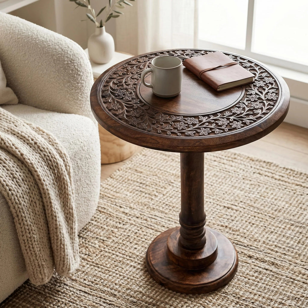 ALPHA Living Home Solid Wood End Table, Whitewash Carved Rim Small Round Side Table, 18 x 22 Inch Wooden Accent Nightstand for Living Room, Bedroom, Sofa Side & Bedside