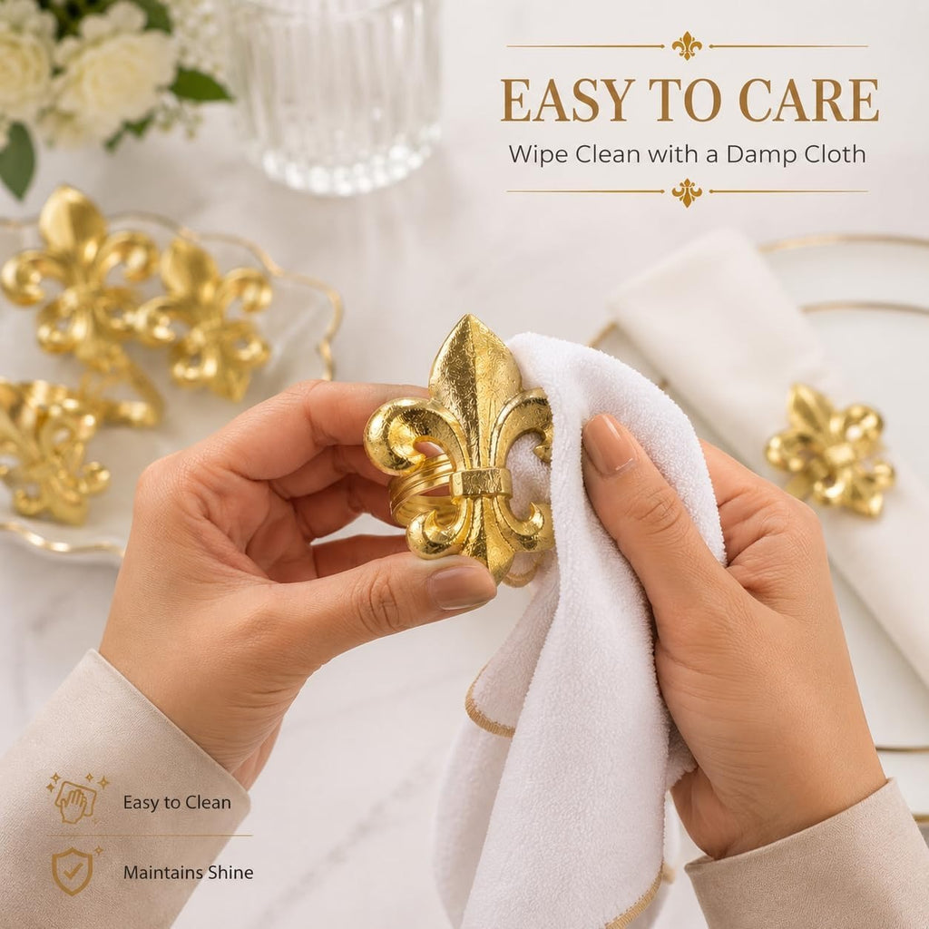 Gold Napkin Rings Set of 12 - Fleur De Lis Metal Napkin Ring Holders for Wedding, Thanksgiving, Christmas & Dining Table Decor - ALPHA Living HOME