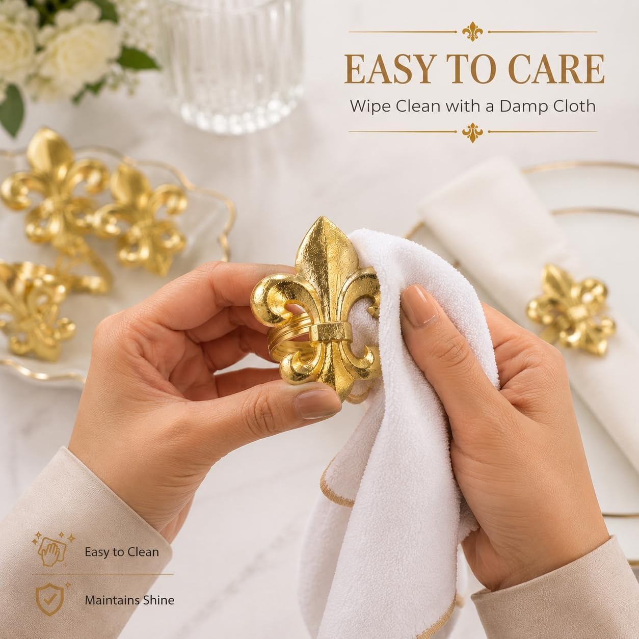 Gold Napkin Rings Set of 12 - Fleur De Lis Metal Napkin Ring Holders for Wedding, Thanksgiving, Christmas & Dining Table Decor - ALPHA Living HOME