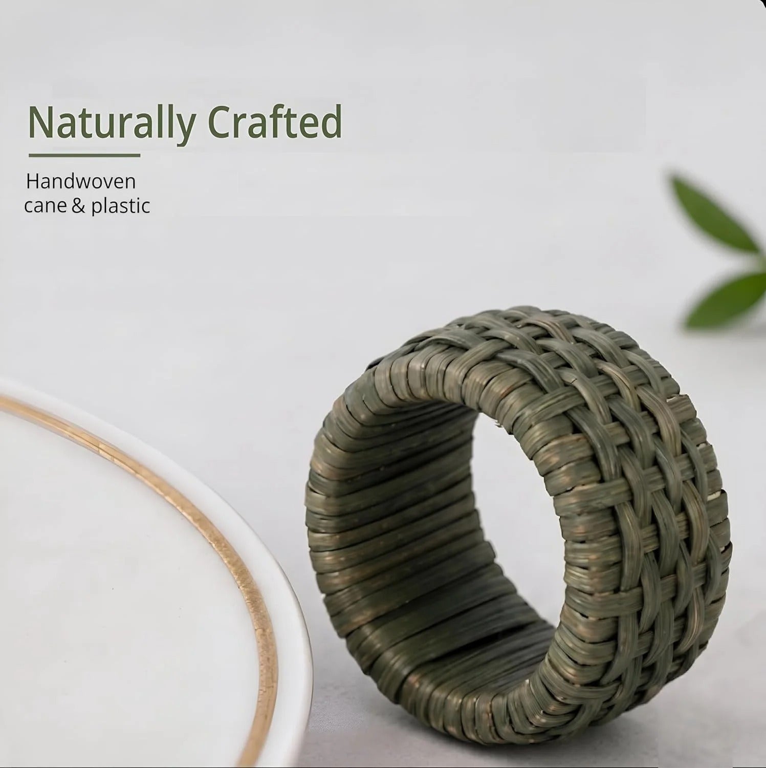 Artisan Cane Napkin Rings Set of 12, Earthy Woven Dinner Napkin Holders, Natural Bohemian Farmhouse Table Accessory for Dinner Parties & Everyday Use (Army Green) - ALPHA Living HOME