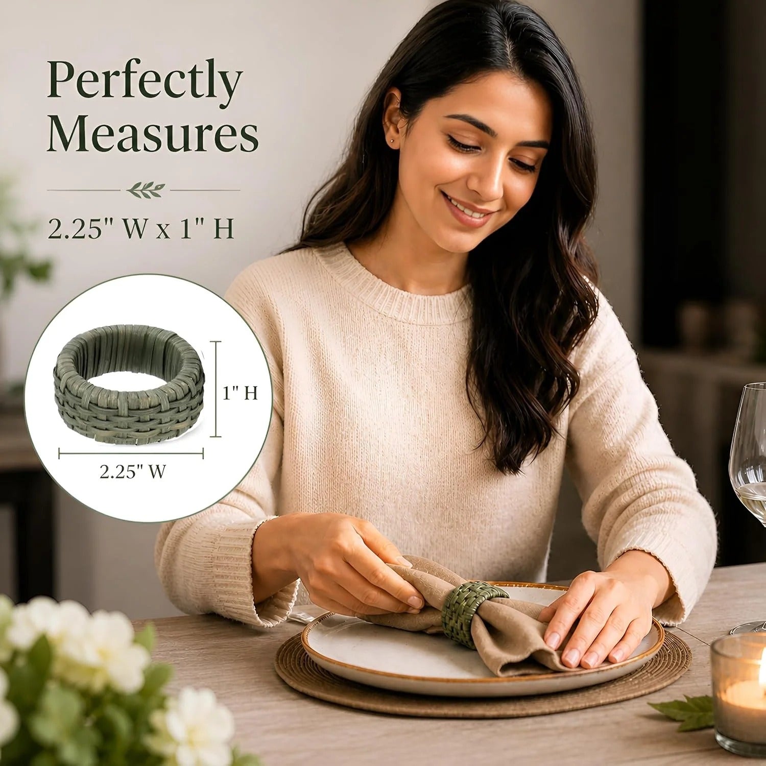 Artisan Cane Napkin Rings Set of 12, Earthy Woven Dinner Napkin Holders, Natural Bohemian Farmhouse Table Accessory for Dinner Parties & Everyday Use (Army Green) - ALPHA Living HOME