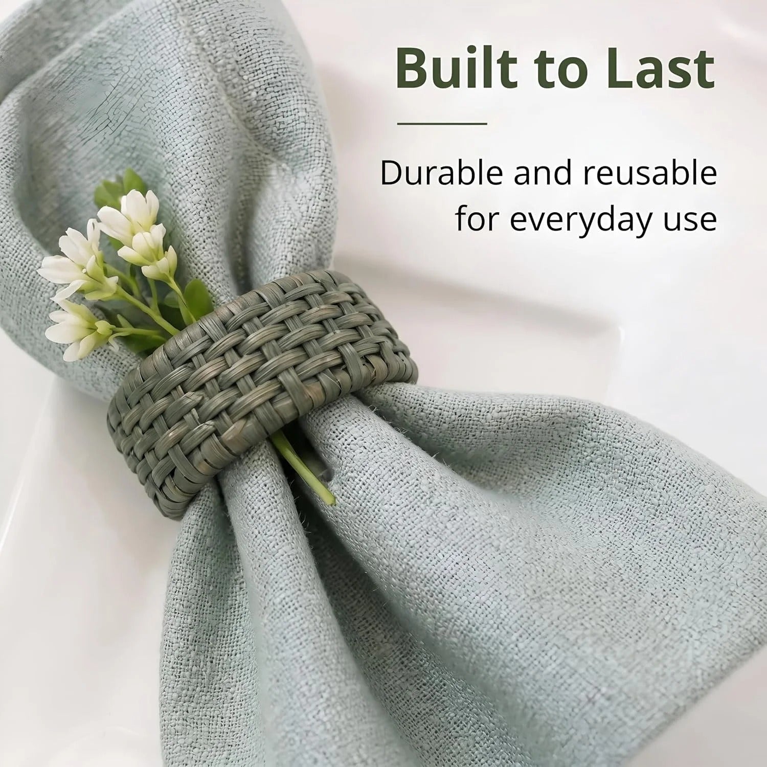 Artisan Cane Napkin Rings Set of 12, Earthy Woven Dinner Napkin Holders, Natural Bohemian Farmhouse Table Accessory for Dinner Parties & Everyday Use (Army Green) - ALPHA Living HOME