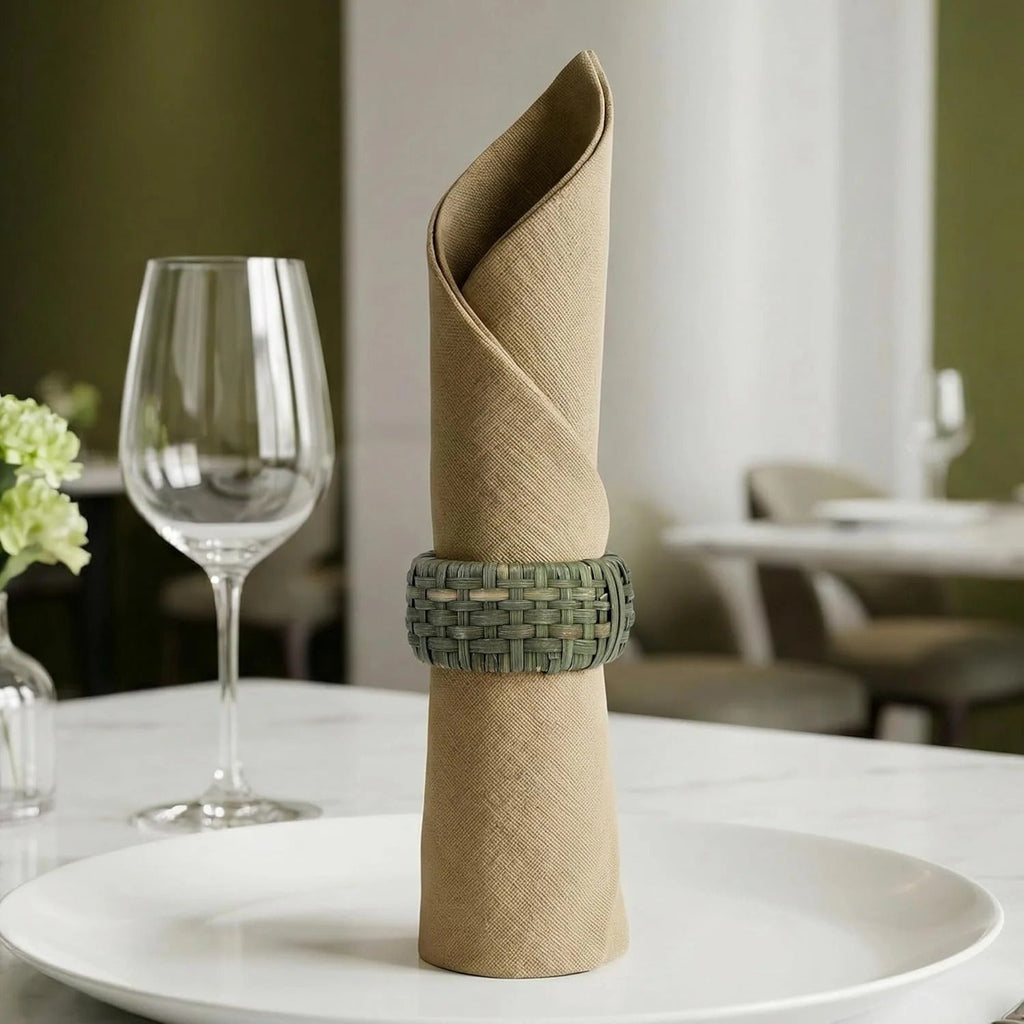 Artisan Cane Napkin Rings Set of 12, Earthy Woven Dinner Napkin Holders, Natural Bohemian Farmhouse Table Accessory for Dinner Parties & Everyday Use (Army Green) - ALPHA Living HOME