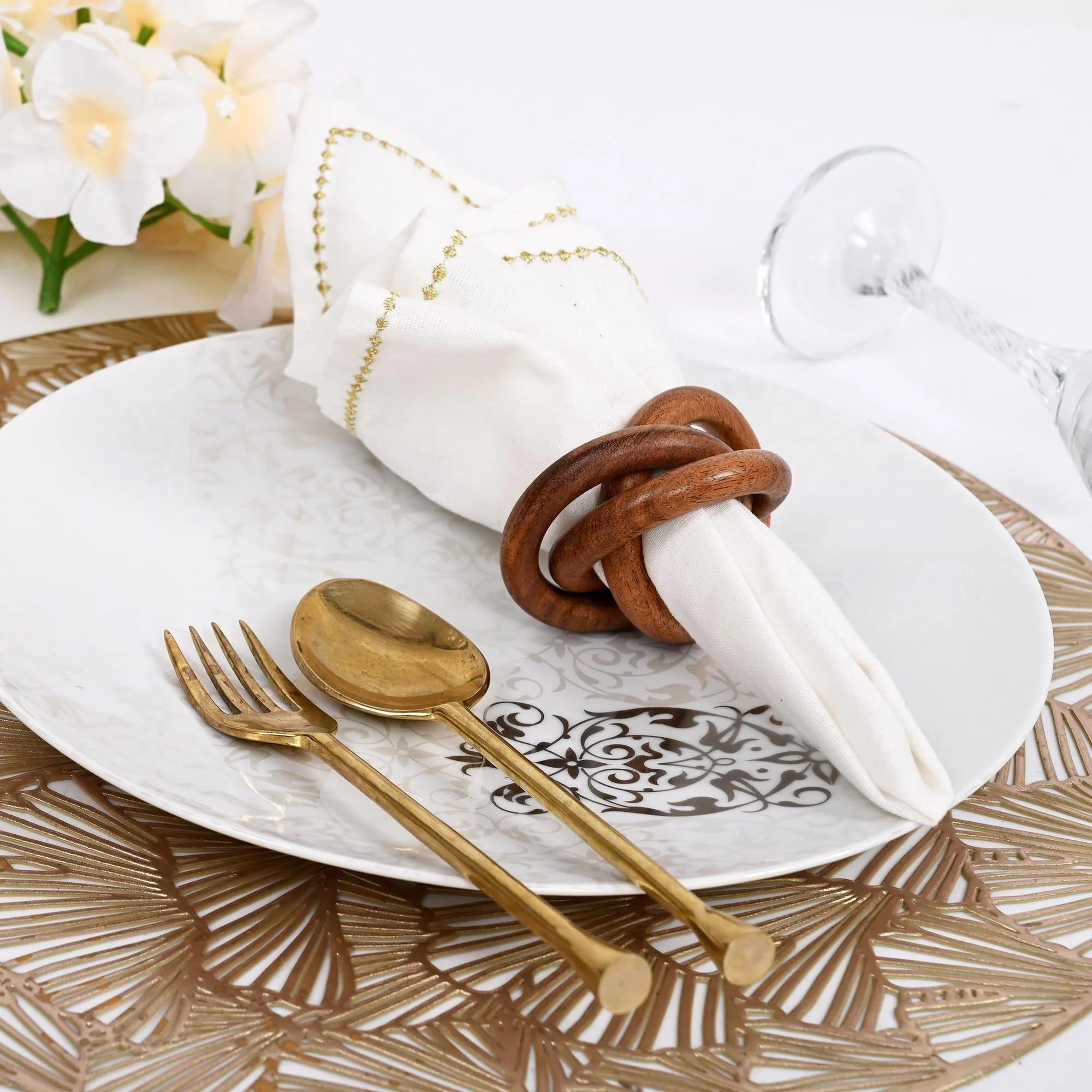 ALPHA Living HOME Set of 12 Decorative Wooden Napkin Rings - Handcrafted Three Ring Napkin Holder for Tabletop Decor for Elegant Dining, Weddings, Parties, Home, Gifting, Everyday Use (Brown)