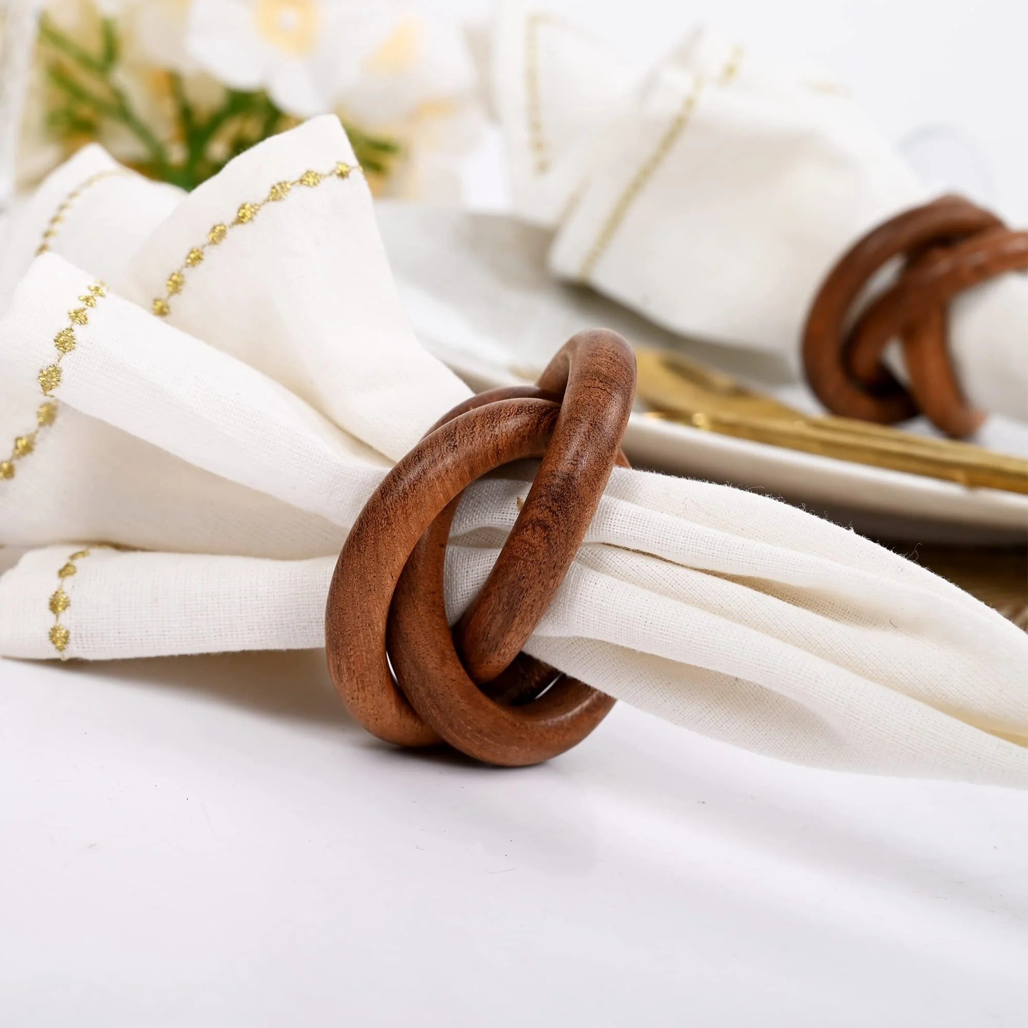 ALPHA Living HOME Set of 12 Decorative Wooden Napkin Rings - Handcrafted Three Ring Napkin Holder for Tabletop Decor for Elegant Dining, Weddings, Parties, Home, Gifting, Everyday Use (Brown)