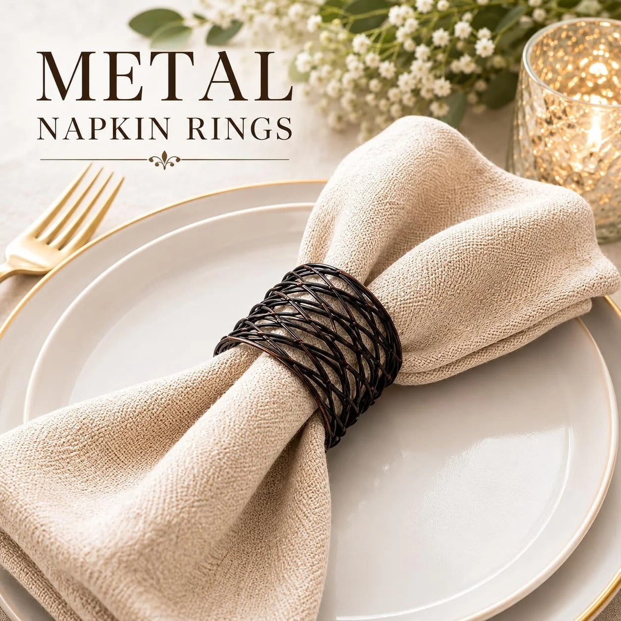 ALPHA Living HOME Napkin Rings Set 12 of Premium 100% Metal, Rust-Resistant Tabletop Décor - Napkin Holders for Family Dinner, Wedding, Party, Decorations, Banquet, Party, Easter - Bronze