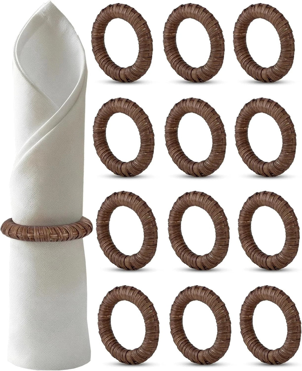 Handmade Napkin Ring Set of 12 Rustic Farmhouse Table Accessories Durable Cane Napkin Holders for Home Kitchen Everyday Dining & Seasonal Gatherings (Walnut) - ALPHA Living HOME