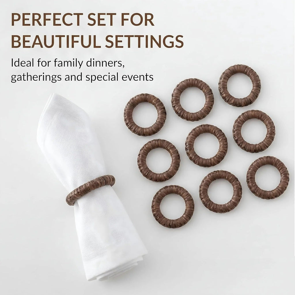Handmade Napkin Ring Set of 12 Rustic Farmhouse Table Accessories Durable Cane Napkin Holders for Home Kitchen Everyday Dining & Seasonal Gatherings (Walnut) - ALPHA Living HOME