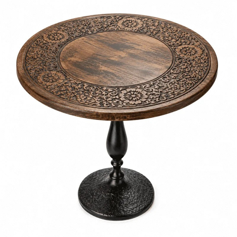 Rustic Wooden Top Side Table - Round Side Table, Modern Accent Nightstand with Aluminum Leg for Living Room, Bedroom, Corners, and Office (Brown Black) - ALPHA Living HOME