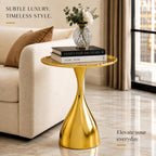 ALPHA Living HOME End Table for Living Room, 15x18" Round Metal Side Table with Pedestal Base for Small Spaces, Modern Gold Accent Coffee Table for Bedroom, Balcony & Indoor Use