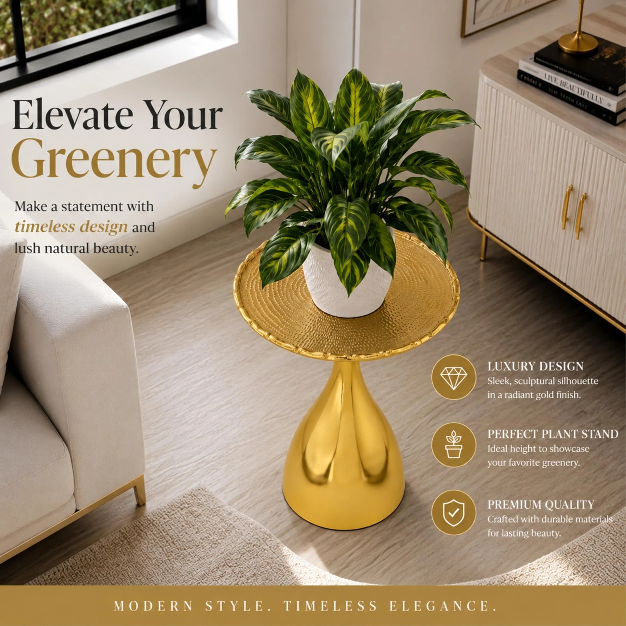 ALPHA Living HOME End Table for Living Room, 15x18" Round Metal Side Table with Pedestal Base for Small Spaces, Modern Gold Accent Coffee Table for Bedroom, Balcony & Indoor Use