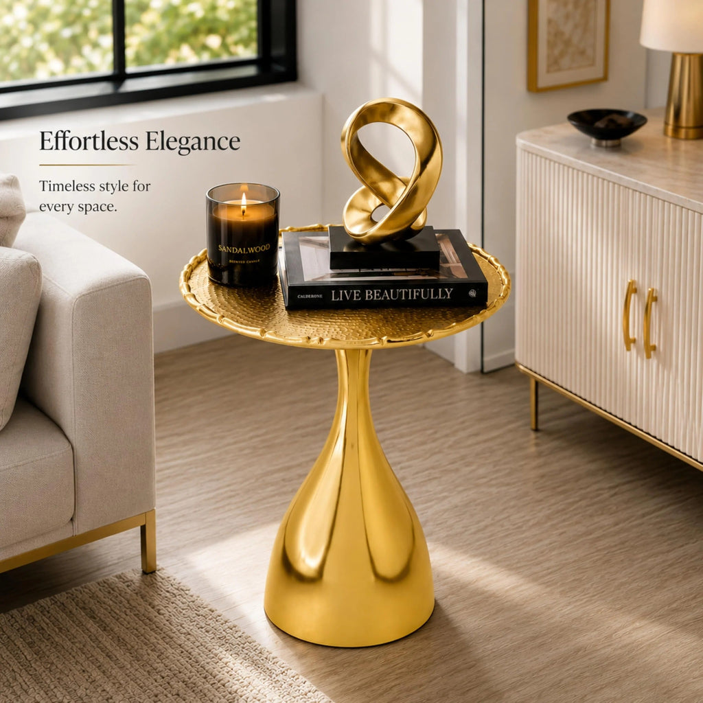 ALPHA Living HOME End Table for Living Room, 15x18" Round Metal Side Table with Pedestal Base for Small Spaces, Modern Gold Accent Coffee Table for Bedroom, Balcony & Indoor Use