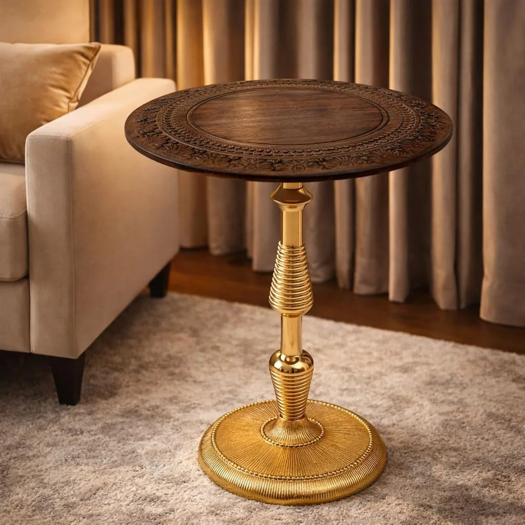 Rustic Wooden Top Side Table - Round Side Table, Modern Accent Nightstand with Aluminum Leg for Living Room, Bedroom, Corners, and Office 18x21" (Brown Gold) - ALPHA Living HOME