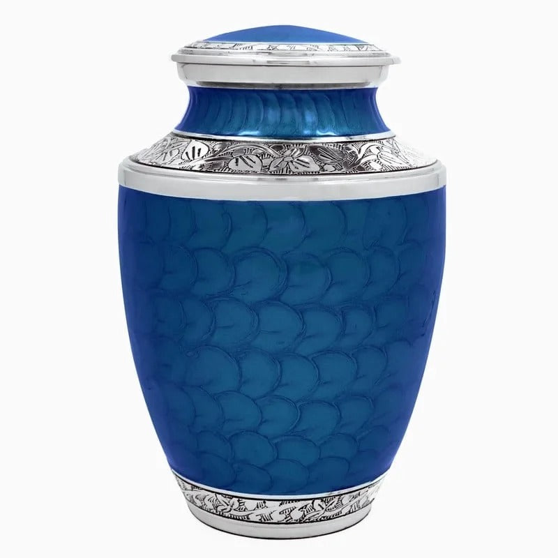 ALPHA Living HOME Cremation Urns for Human Ashes Adult – Decorative Memorial Funeral Urn with Secure Screw Lid, Handcrafted Metal Burial Urn for Men & Women (Blue & Silver)