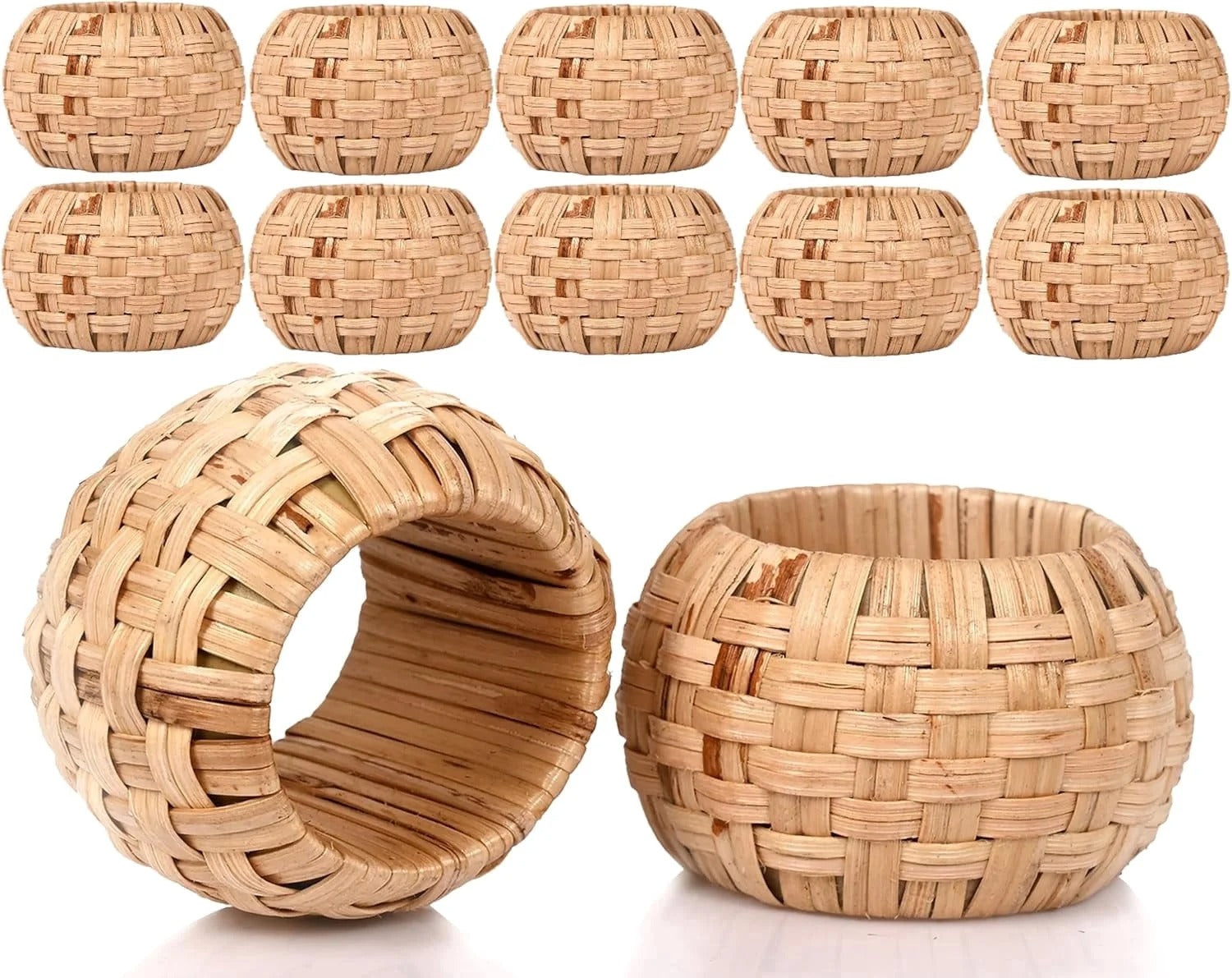 ALPHA Living HOME Farmhouse Napkin Rings - Rustic Natural Cane & Jute Serviette Holders for Elegant Table Decor, Weddings, Thanksgiving, and Everyday Dining- Set of 12 (Natural)