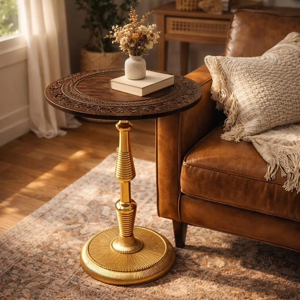 Rustic Wooden Top Side Table - Round Side Table, Modern Accent Nightstand with Aluminum Leg for Living Room, Bedroom, Corners, and Office 18x21" (Brown Gold) - ALPHA Living HOME