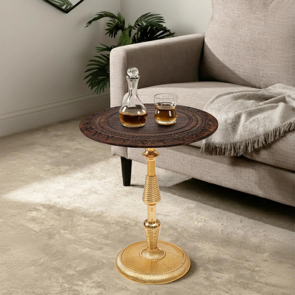 Rustic Wooden Top Side Table - Round Side Table, Modern Accent Nightstand with Aluminum Leg for Living Room, Bedroom, Corners, and Office 18x21" (Brown Gold) - ALPHA Living HOME