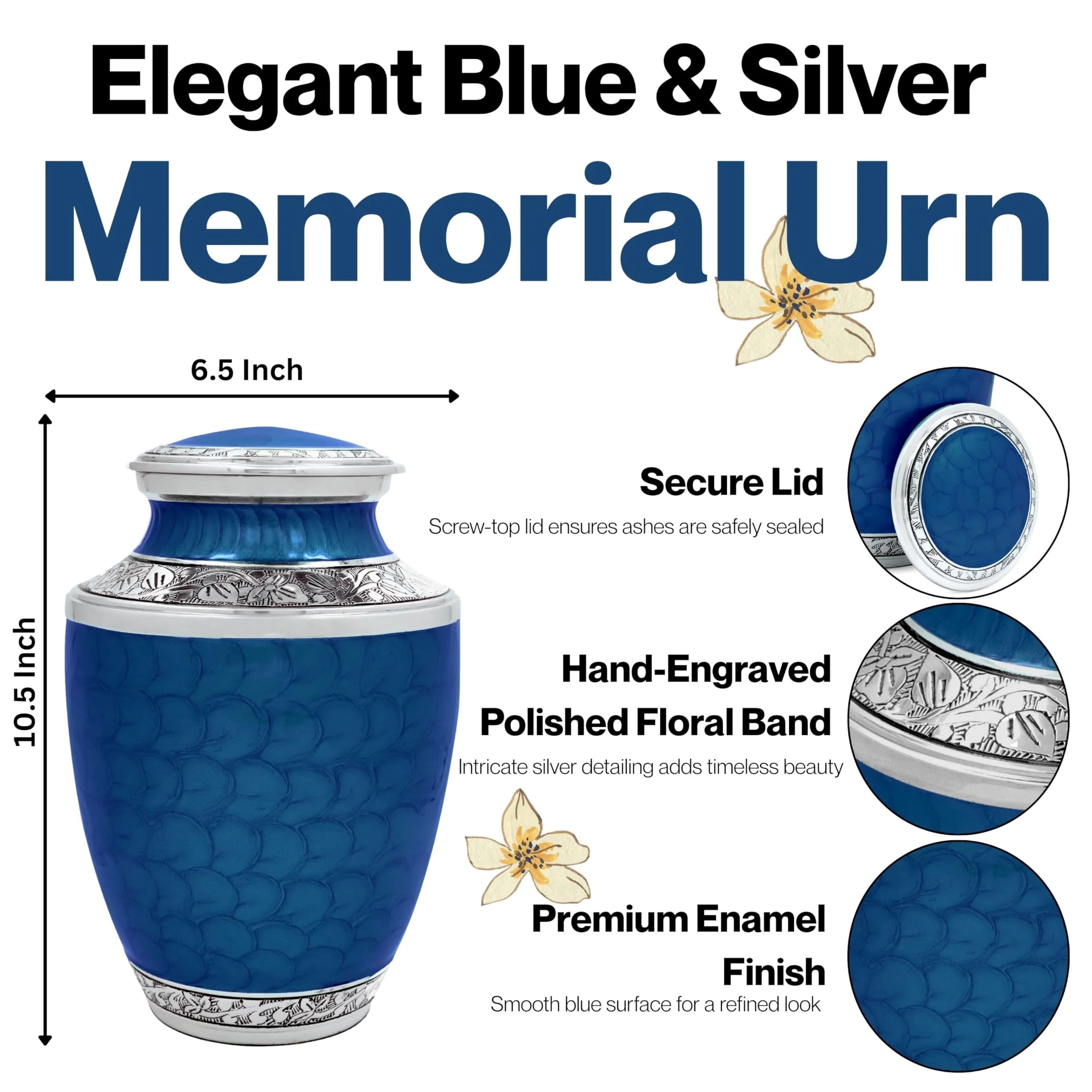 ALPHA Living HOME Cremation Urns for Human Ashes Adult – Decorative Memorial Funeral Urn with Secure Screw Lid, Handcrafted Metal Burial Urn for Men & Women (Blue & Silver)