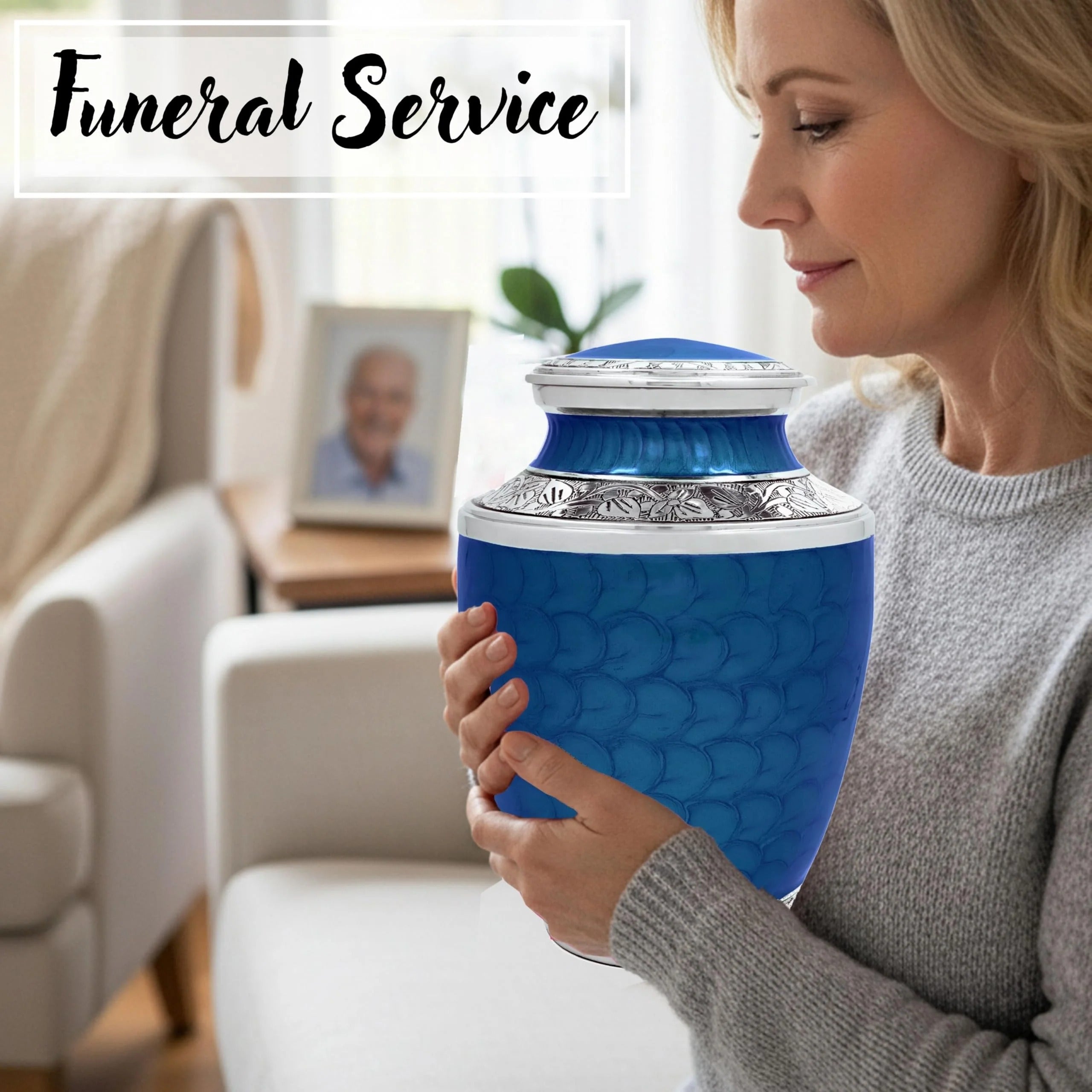 ALPHA Living HOME Cremation Urns for Human Ashes Adult – Decorative Memorial Funeral Urn with Secure Screw Lid, Handcrafted Metal Burial Urn for Men & Women (Blue & Silver)