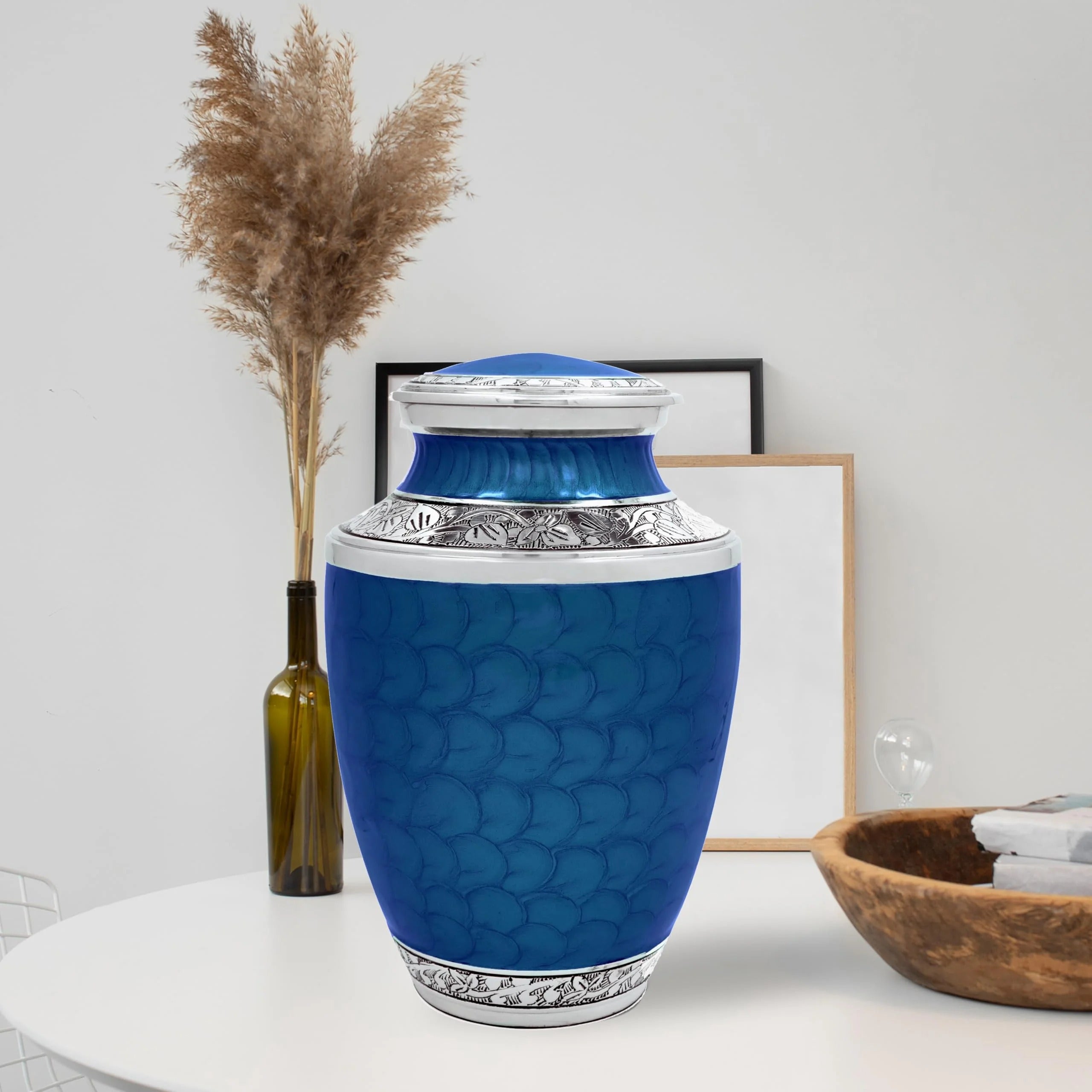 ALPHA Living HOME Cremation Urns for Human Ashes Adult – Decorative Memorial Funeral Urn with Secure Screw Lid, Handcrafted Metal Burial Urn for Men & Women (Blue & Silver)
