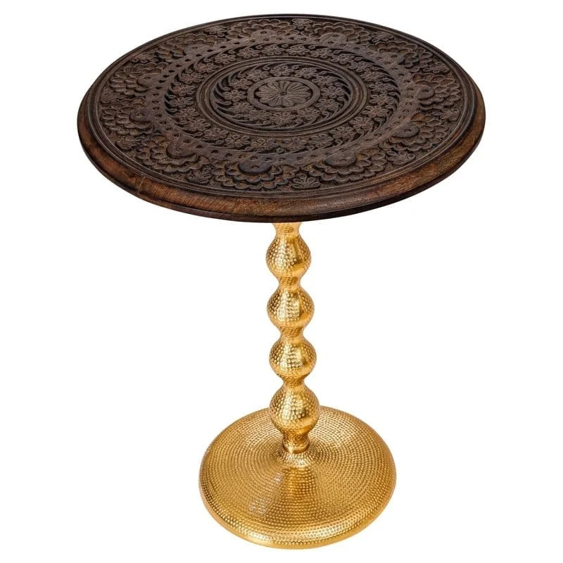 Rustic Wooden Top Round End Table Side Table for Living Room – Modern Accent Nightstand with Aluminum Gold Leg for Bedroom, Corner & Office (Walnut Gold), 18x23" – ALPHA Living Home