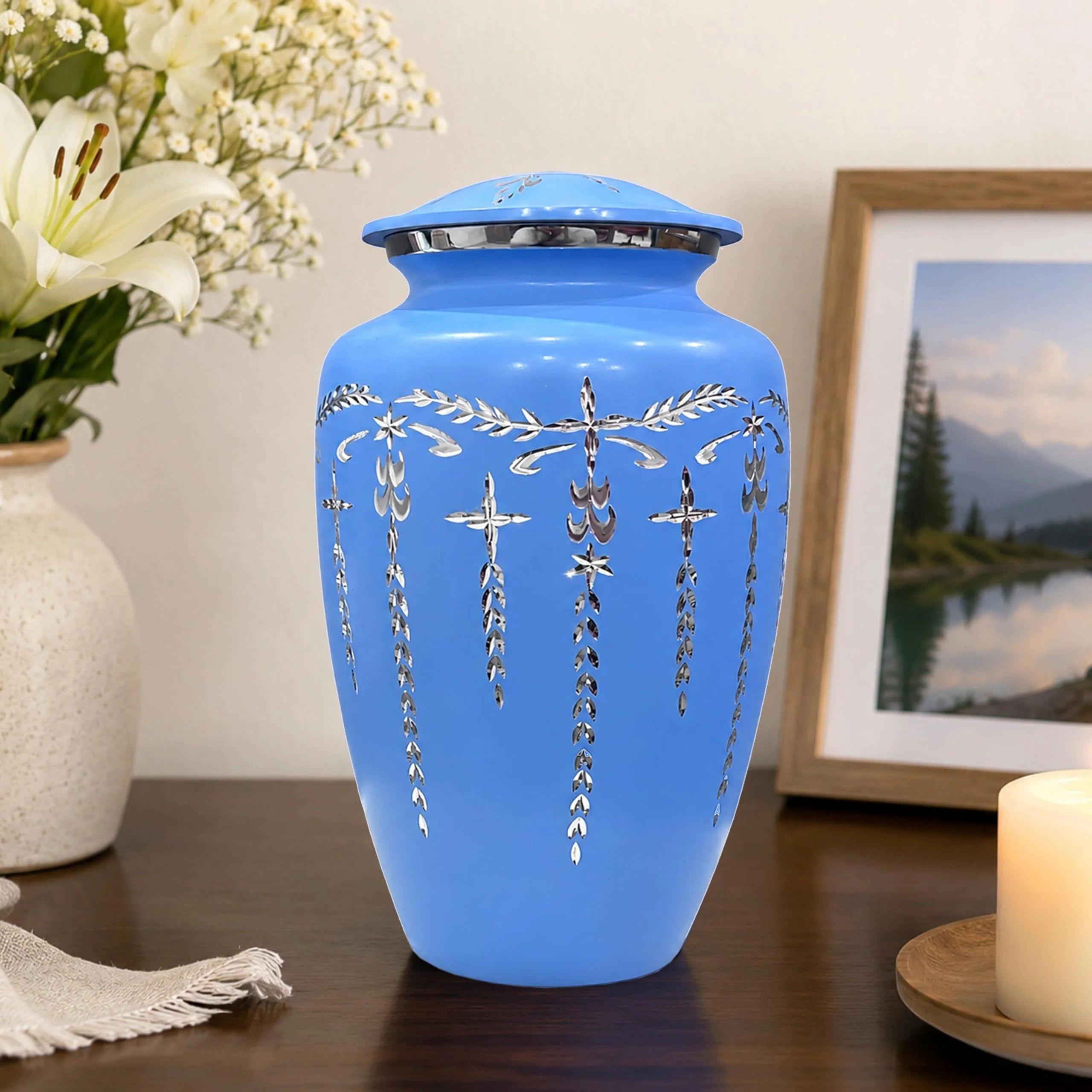 Urns Human Ashes Adult Male/Female,Creamation Urn for Human Ashes Adult Man/Women,200+ Cubic inch Capacity,Decorative Burial Urn, Funeral Cremation Urns_ 11x6.5 - Sky Blue